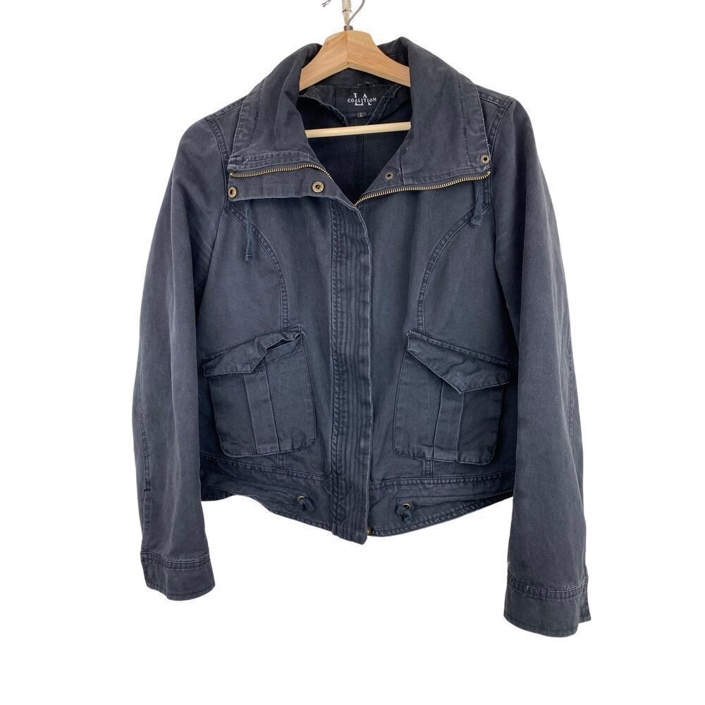 LA Coalition Women's L Faded Black Full‎ Zip Crop Drawstring Cowl Neck Jacket *